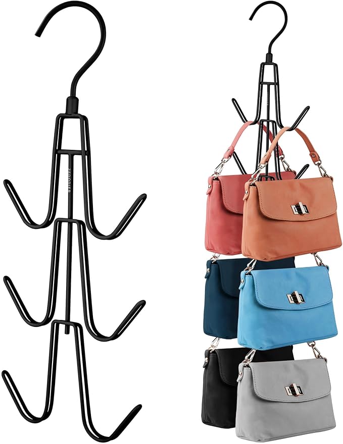 ZEDODIER Purse Organizer for Closet, Heavy-Duty Hanging Purse Hanger Closet Holds Up to 6 Purses, Metal Rotating Space Saving Bag Holder Handbag Storage Hook Backpack Rack, Black