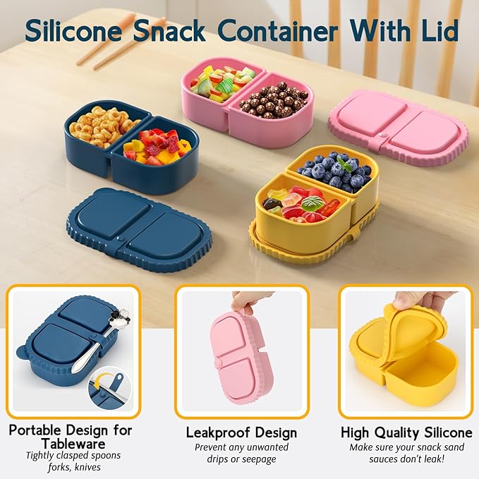 ICEROYCE 6 Pack Reusable Silicone Snack Containers with Lids, 2 Compartment Leakproof Food Storage Containers, BPA-Free Portable Snack Boxes for Lunch, School, Adults