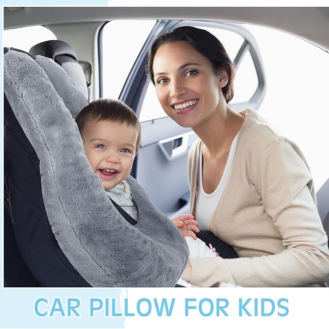 Barydat 2 Pcs Car Travel Pillow for the Back Seat 28 x 18 in Sleeping Reading Pillows for Distance Travel Car Cushion for Kids Adults Head and Body Support U Shaped Pad(Gray, Black)