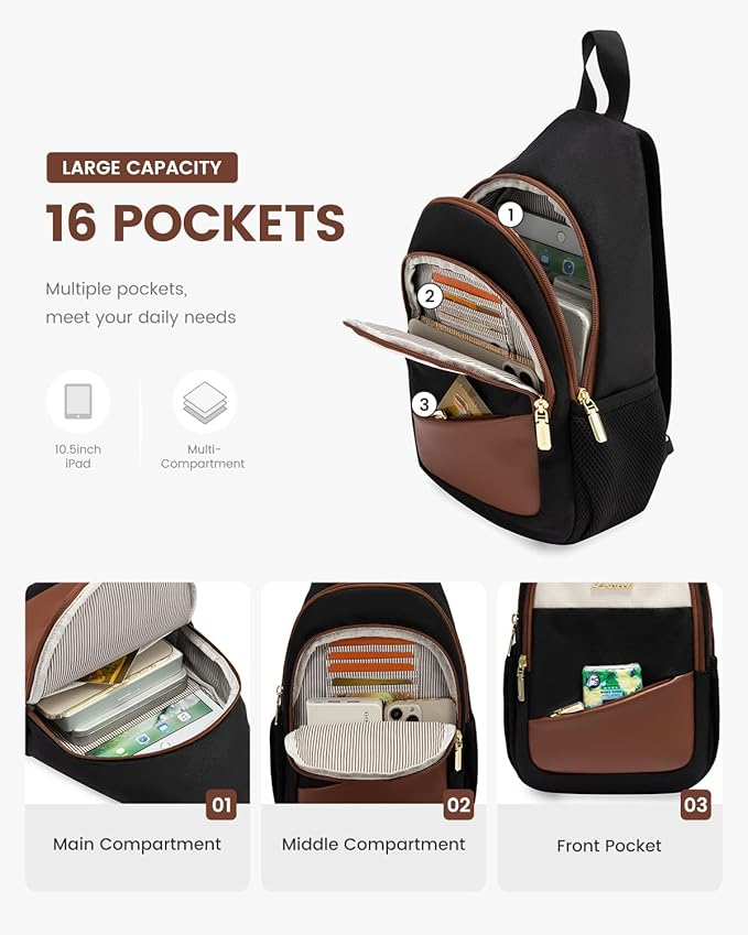 LOVEVOOK Sling Bag for Women, Sling Backpack Crossbody Bag Convertible, Small Diaper Bag Hiking Daypacks Water-resistant, Travel Shoulder Bag Chest Bag, Black Brown Beige
