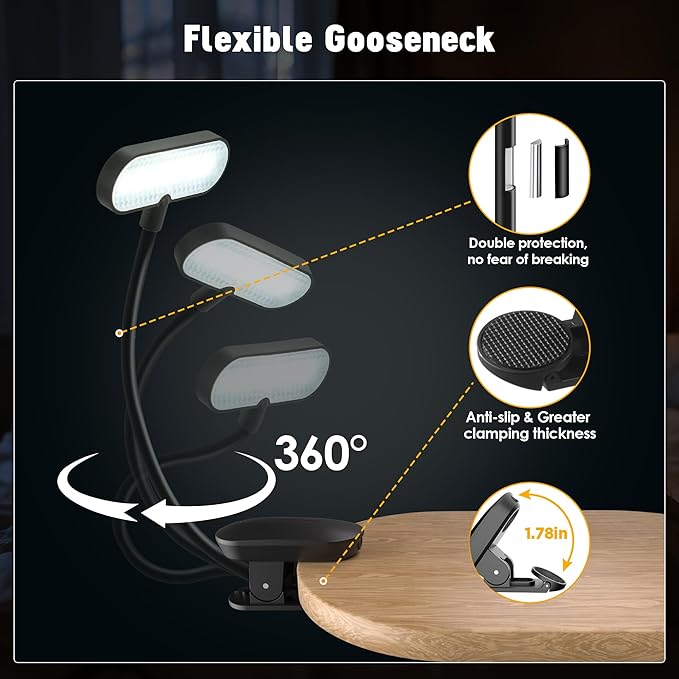 Book Light for Reading in Bed - 14 LEDs Rechargeable Clip-On Book Light, Eye Caring 3 Color Temperatures & Stepless Dimming, 80 Hrs Runtime Lightweight Book Reading Light for Book Lovers (Black)
