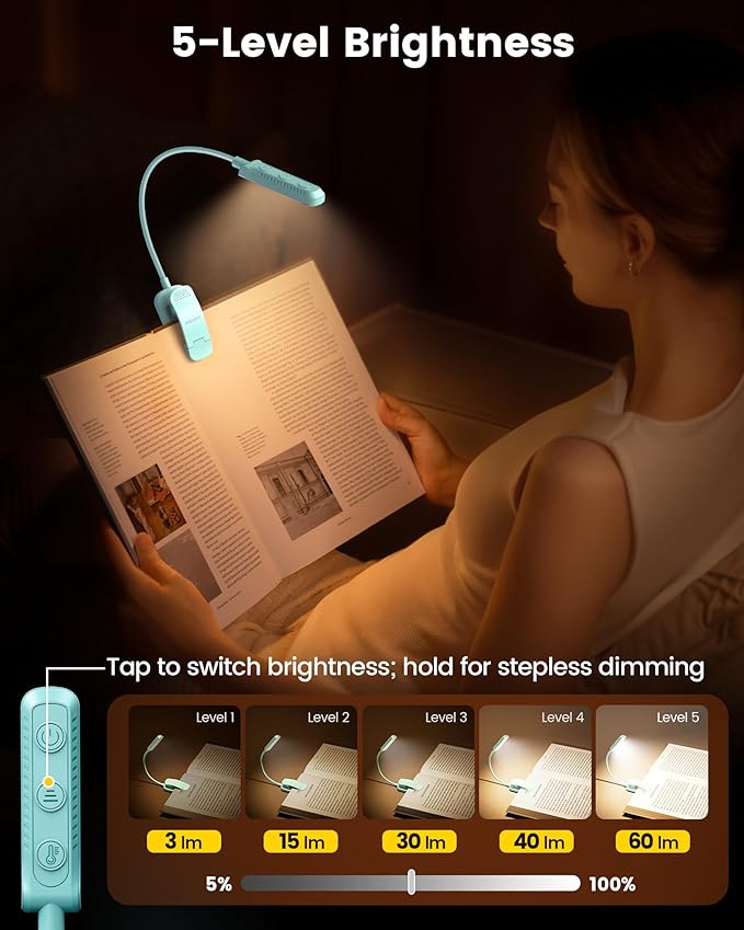 Glocusent 13 LED Rechargeable Book Light for Reading at Night, Eye-Caring 3 Amber Colors & Stepless Dimming, Lasts 1 Week to 2 Months, Travel Clip on Lamp, Gifts for Book Lovers, Men, Women & Kids