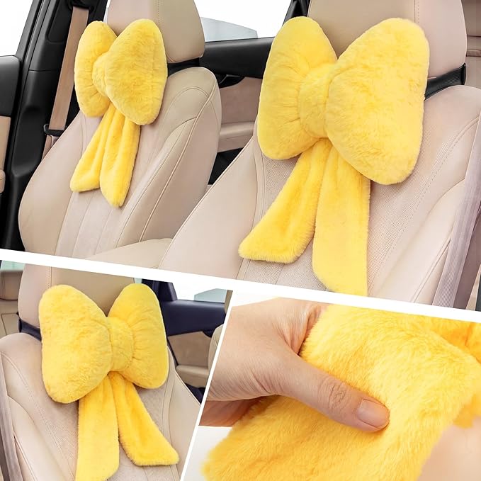 Macarrie 2 Pcs Car Neck Pillow Plush Butterfly Bow Car Headrest Pillow Comfortable Seat Neck Support Cute Head Rest Accessories for Driving Travel Driver Chair Girl Interior Decor(Lemon Yellow,Solid)