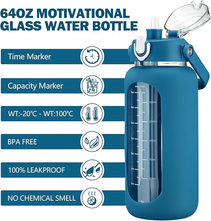 64oz Glass Water Bottles with Straw, Half Gallon Motivational Glass Bottle with Silicone Sleeve and Time Marker, 2L Leakproof Large Glass Water Jug for Gym Home Office,Iron Blue