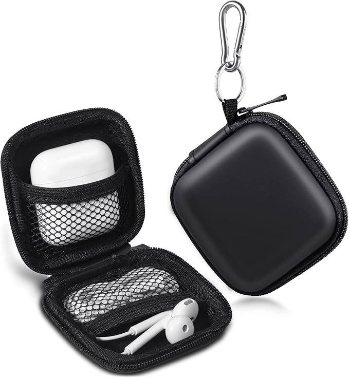 Earbud Case, Cridoz Earphone Case Headphone EVA Earbud Holder with Stainless Steel Carabiner Cell Phone Accessories Organizer Mini Earbud Pouch for Wireless Earbuds, Bluetooth Headset, SD Memory Card