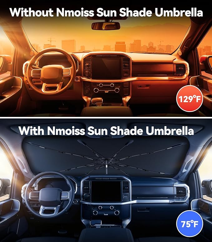 Nmoiss Windshield Sun Shade Umbrella for Ford F150 F250 F350 & Explorer - [Vinyl Coating Heat Shield] Protect Car from Sun Rays & Heat Damage Keep Cool and Protect Interior, Spring Structure Edge