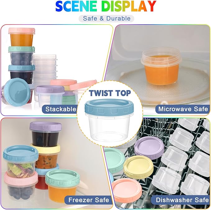 Yomarket 24pcs 4 oz Plastic Containers with Screw Lids, Reusable 1/2 Cup Small Food Storage Containers, Leakproof, Microwave Dishwasher Freezer Safe, with Pen and Brush