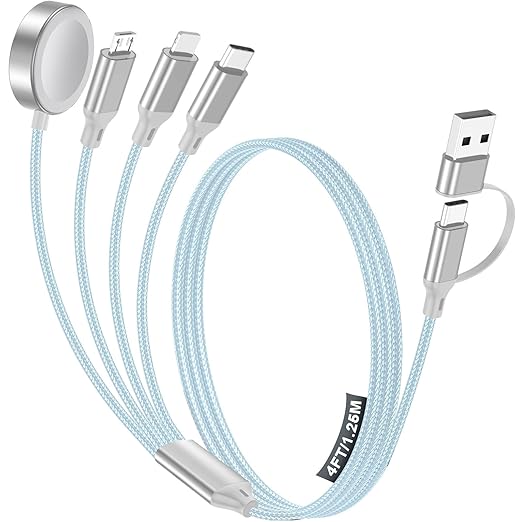 Travel Essentials,Multi Charging Cable for Apple Watch Charger/iPhone Charger/Samsung Charger,USB A & Type C Power Cable for iWatch Ultra/10-2/iPhone 17-11/Samsung S26,Serial Cables,Car[1.2M]-Blue