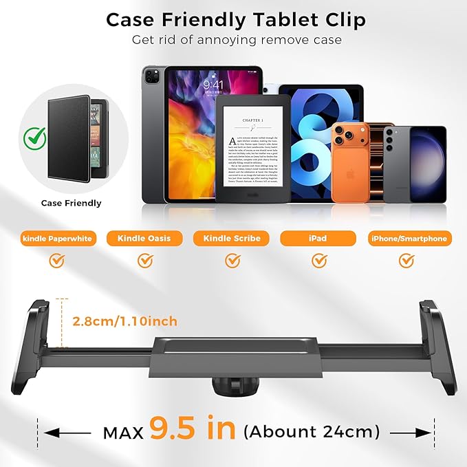 Kefotic Long Gooseneck Tablet Holder for Bed Works with Thick Case, eReader Stand Compatible with All Kindle Paperwhite Colorsoft Scrible, Desk Flexible Arm for iPad iPhone Fire HD Smartphones