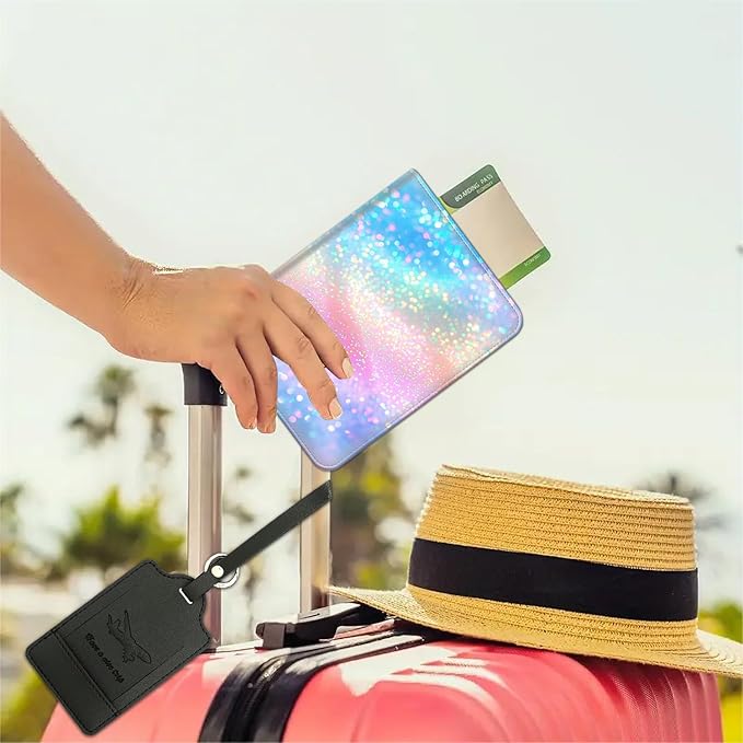 Passport Wallet, Passport Holder with RFID Blocking and Luggage Tag, Waterproof PU Leather Travel Documents Organizer Case, Passport Covers with Card Slot for Women Men,Colorful Glitter Passport Book