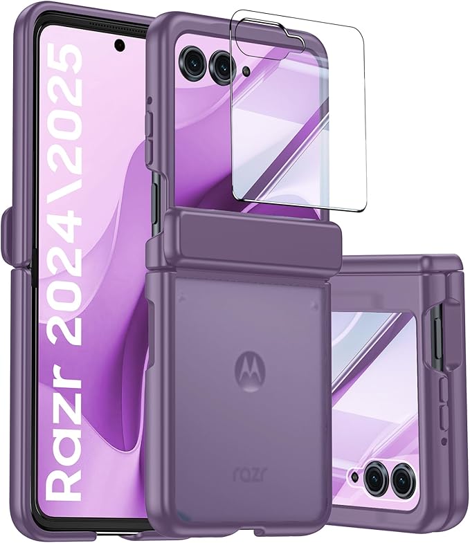 for Motorola Razr 2025 Case/Razr 2024 Case with Hinge Protection, Screen Protector, Ultra-Thin Skin Feel Translucent Frosted, Shockproof Cover for Razr 2025/2024-Purple (NOT for Plus/Ultra)