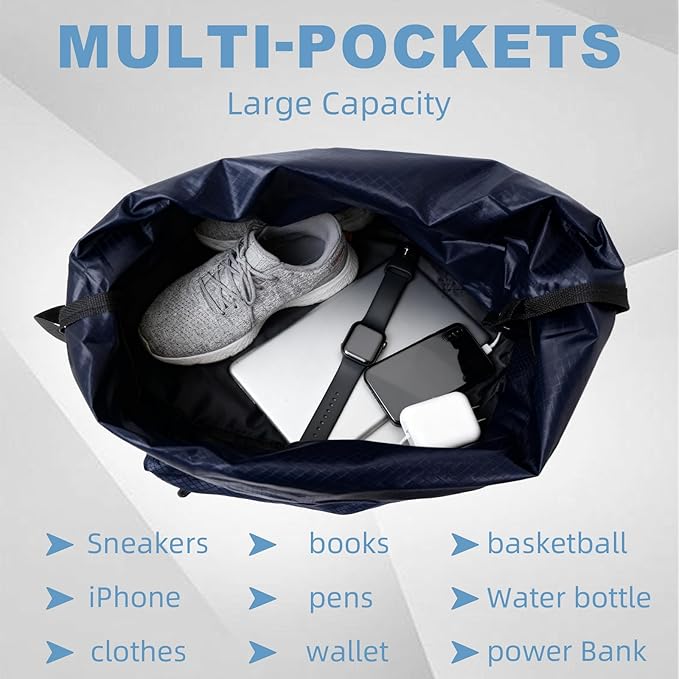 Tygelluis Drawstring Backpack, Waterproof Gym Bag with Water Bottle Pocket for Women Men, Pull String Sport Bag for Swim, Soccer and Basketball,Navy