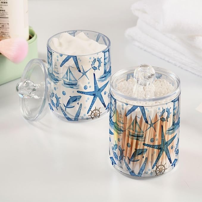 2 Pack Qtip Holder Organizer Dispenser Starfish and Lighthouse Bathroom Storage Canister Cotton Ball Holder Container for Cotton Pads/Swabs/Floss