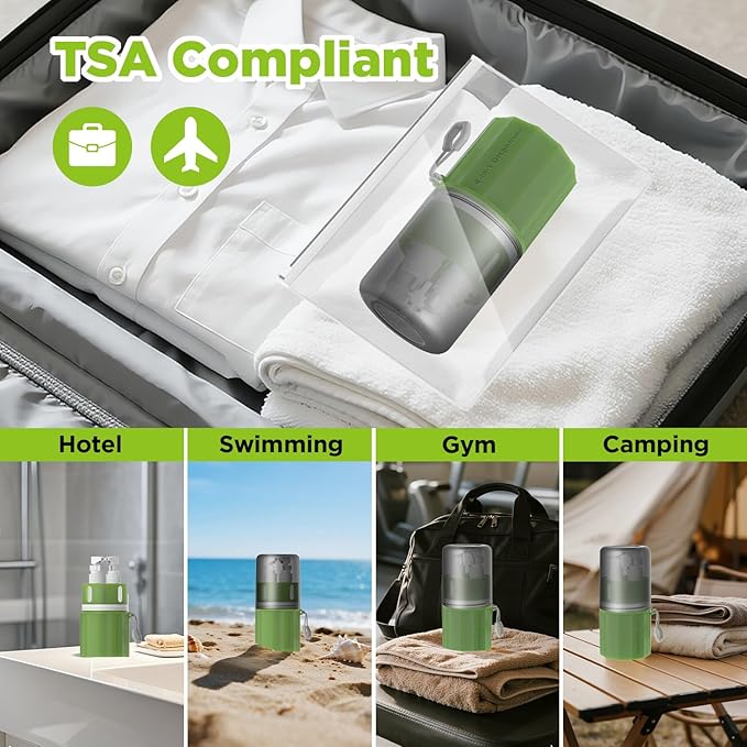 4 in 1 Travel Dispenser Bottle, TSA Approved Refillable Shampoo and Conditioner Bottles Set with Suction Cup for Smooth Walls, Travel Size Toiletries Container for Body Wash/Lotion.(Green)