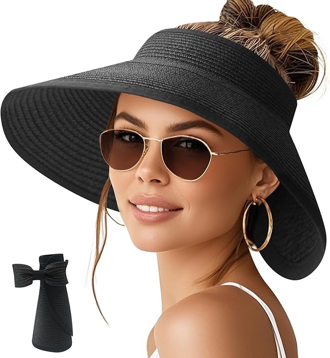 NPQQUAN Sun Visor Hats for Women Wide Brim Ponytail Straw Beach Hat Packable Foldable UPF 50+ Floppy Travel Hats