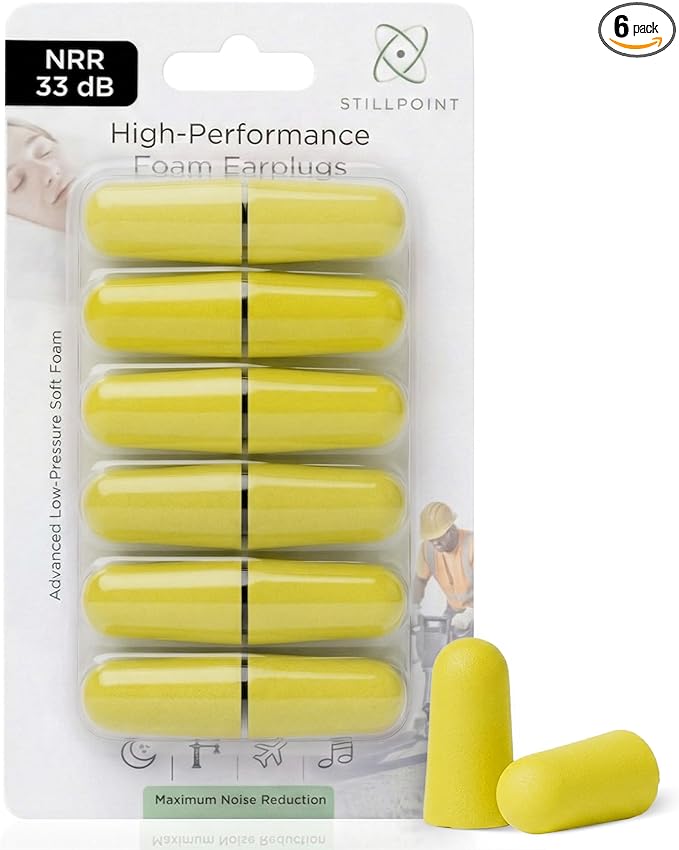 Soft Foam Earplugs, 33 dB NRR, (6 Pair 12 Ear Plugs) Maximum Protection for Sleeping; Silence Snoring, Airplanes, Airports, Power Tools, Phone Conversations, Loud Work Environments (Yellow)