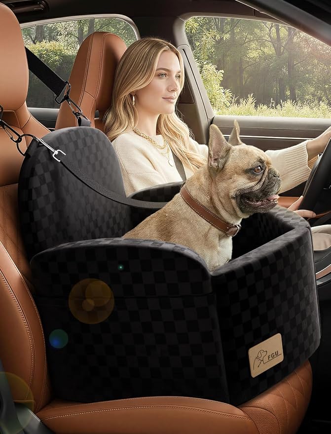 Dog Car Seat for Small/Medium Dogs, Elevated Dog Booster Seat with Memory Foam Cushion for Dogs Under 35lbs, Detachable Washable Pet Car Seats with Storage Pockets & 2 Safety Belts (Black)