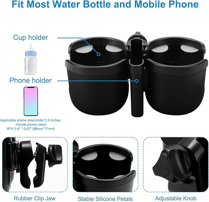 Accmor Stroller Cup Holder with Phone Holder, Bike Cup Holder, Universal Cup Holder for Uppababy Nuna Doona Strollers, 2-in-1 Cup Holder for Walker, Wheelchair, Scooter