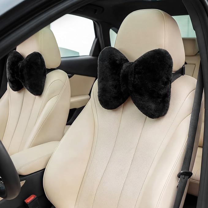 Macarrie 2 Pcs Car Neck Pillow Velvet Bow Headrest Pillow Soft Comfortable Seat Neck Support Cute Bow Car Accessories for Driving Travel Driver Chair Girl Style Interior Decor (Solid,Black)