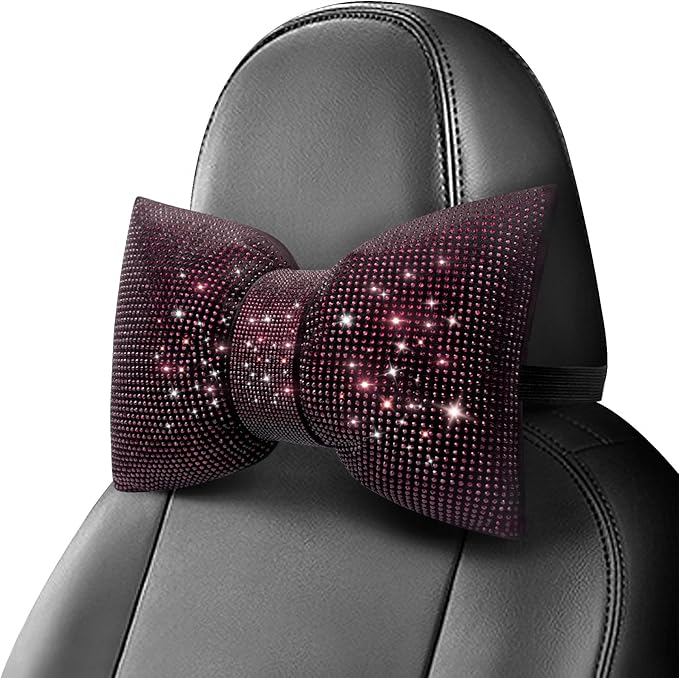 surpassme 2PCS Rhinestone Car Headrest Neck Pillow for Driving with Bling Bling Crystal Bow Pillow Car Accessories for Women (Purple)