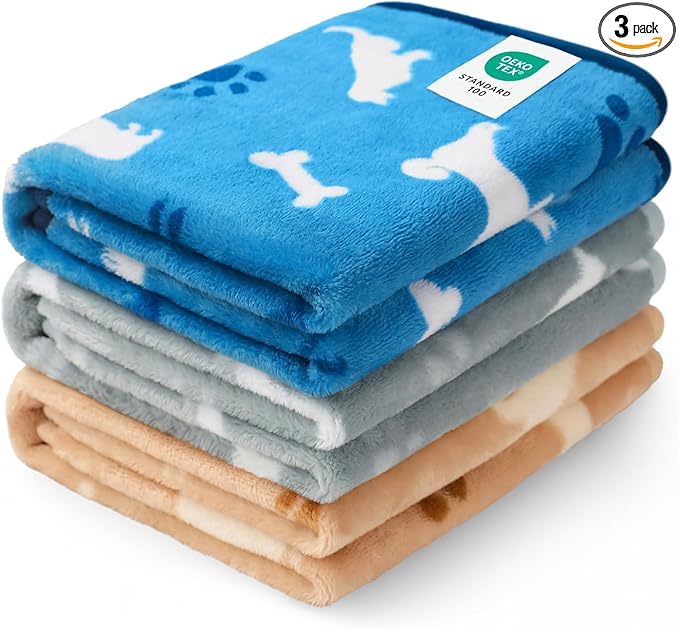 Luciphia 1 Pack 3 Dog Printed Fleece Pet Blankets Washable，Soft Warm Throw Covers for Crate Couch Bed，Cozy Puppy Essentials for Dogs and Cats， Blue/Grey/Khaki, Small (23x16 inch)
