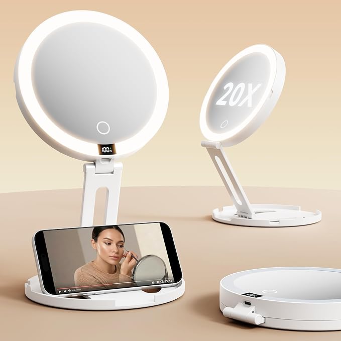 Travel Makeup Mirror with Lights (Gen 3) - 20X/1X Dual Sided Magnifying Mirror with Digital Power Display - Rechargeable, 3 Color Dimmable, CRI 95+ - Portable Folding Mirror for Desk & Travel