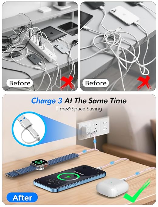 Travel Essentials for Apple Watch Charger,iPhone Charger,3 in 2 Type C/Lightning/Magnetic Travel Charging Cable,Portable Multi Charging Cable for Apple Watch, iPhone 17‑11,Samsung S26,Car,iPad-5FT