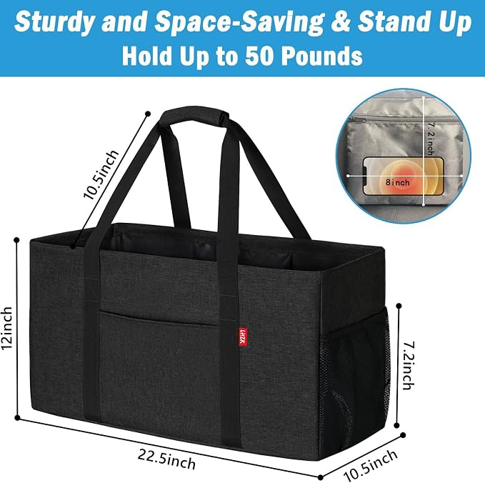 LHZK 2 Pack Extra Large Utility Tote Bag with Metal Wire Frame and the Sides Rinforced, Extra Large Tote Bag with Handle for Pool Beach Laundry Storage (Black)