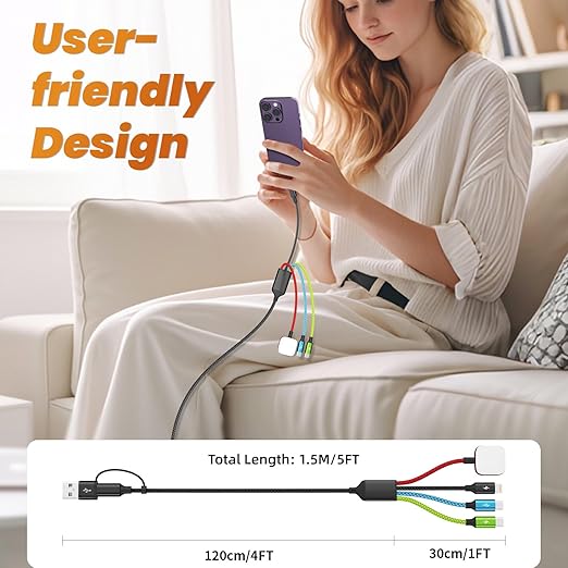 Dual Type-C Port 4 in 2 Multi Charging Cable for iWatch, Travel Essentials Charging Cords for Multiple Devices for iWatch Ultra/SE/11-2, iPhone 17-11, Galaxy S25-21, iPad (2PACK 5FT)