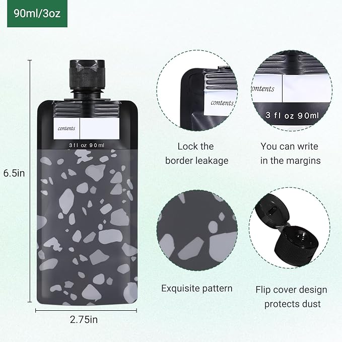 ASEVAT 3 oz 6pack Leak Proof Empty Squeeze Pouches Refillable Travel Size Containers Liquid Pouch Cosmetic Container TSA Approved Bag