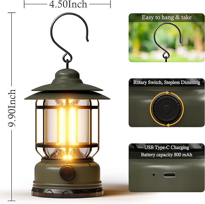 Camping Lanterns Battery Powered, 3 Pack Green LED Rechargeable Lantern with Stepless Dimming, Vintage Portable Camping Lights for Emergency, Fishing, Camping, Hiking, Outage, IPX4 Waterproof