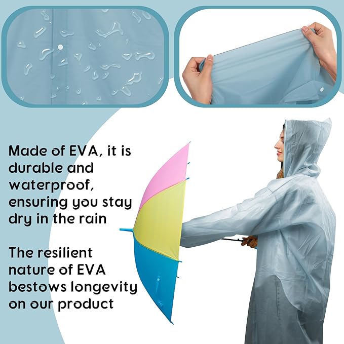 Rain Ponchos for Adults Reusable Rain Coats with Hood and Drawstring Thicken Ponchos Waterproof for Women(Blue Gray)