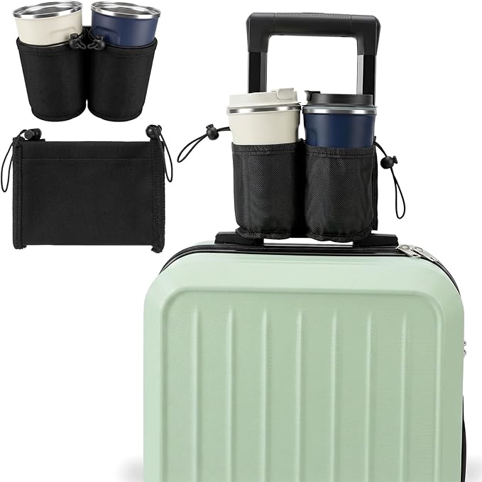 Luggage Travel Cup Holder Luggage Cup Holder for Suitcases Adjustable Free Hand Drink Carrier Hold Two Coffee Mugs Fits Roll on Suitcase Handles Gifts for Flight Attendants Travel Accessories, Black