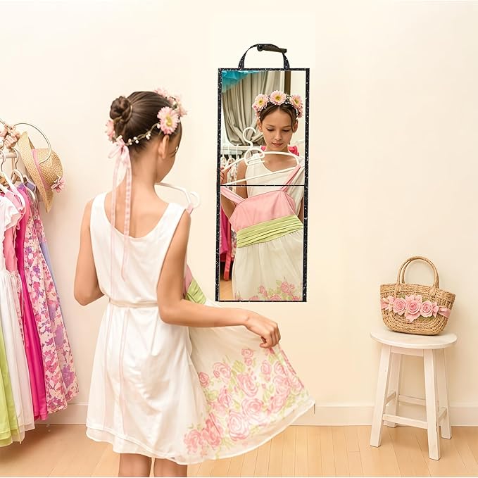 Foldable Full Length Mirror, 2 in 1 Hangable & Tabletop Acrylic Mirror, Portable Travel Mirror with Handle for Dance Bedroom Wardrobe Stage Makeup Checks Camping Outdoor Use (32.2" x 12.5", Bi-Fold)