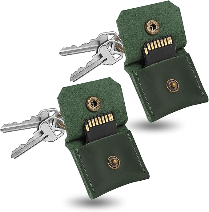 Jack&Chris Genuine Leather SD Card Holder Keychain, Anti-Shock Anti-Dust SD Card Case, Portable Camera Accessories for SD CF CFexpress Micro SD Nano SIM and Micro SIM Cards, Green 2 Packs