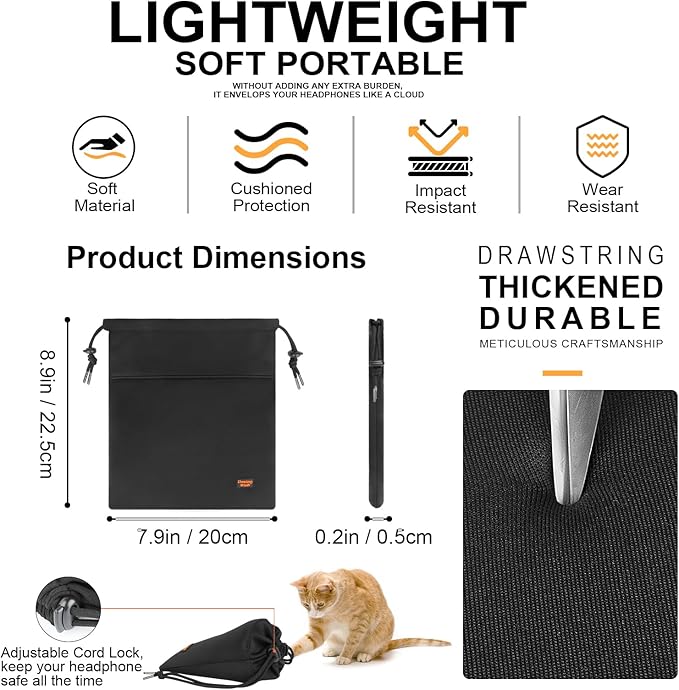 Lightweight Headphone Storage Bag, Portable Headset Carrying Pouch Headphone Case Bag Soft Travel Pouch for Over-Ear Headphones/Gaming Headsets/Neckband Earbuds (Small Black)