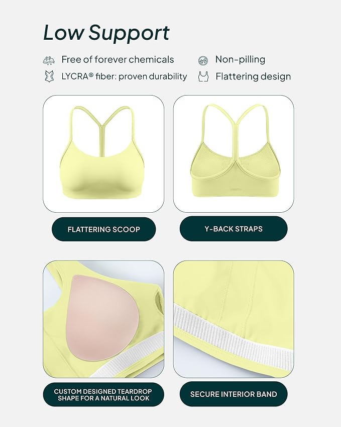 PAVOI ACTIVE Yoga Racerback Bras for Women - Buttery Soft Low Support Scoop Neck Y-Back Thin Strap Sports Bra - FlexFlow