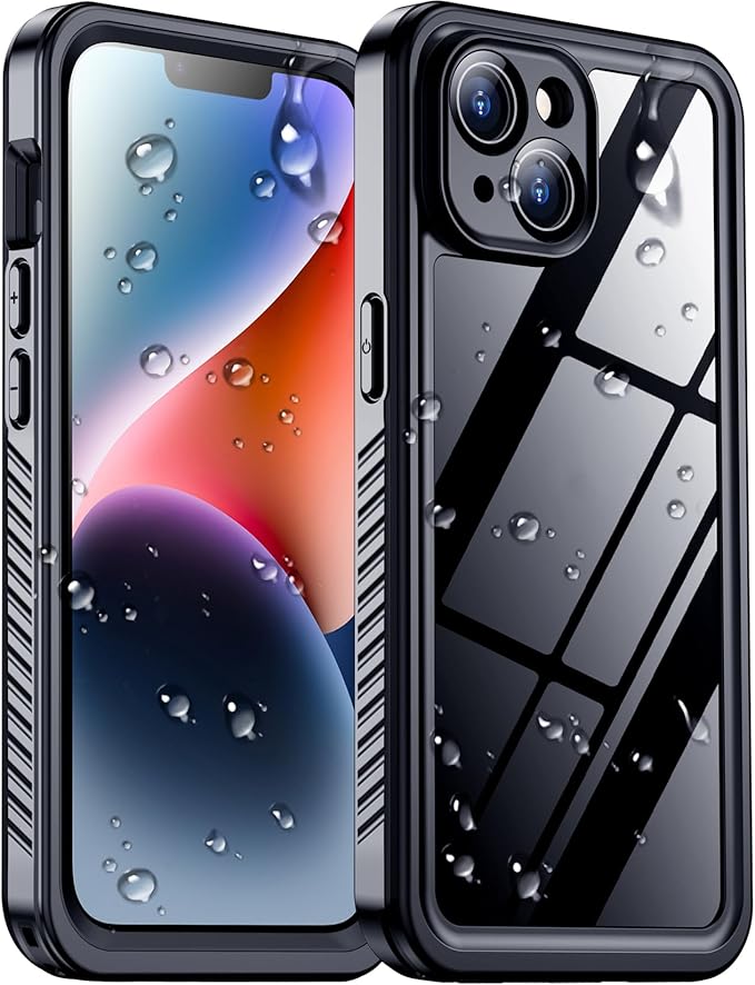 Compatible with iPhone 14 Case Waterproof, Built-in Screen & Camera Protector IP68 Underwater Full Body 14FT Military Dropproof Shockproof Phone Case 6.1"-Black/Clear