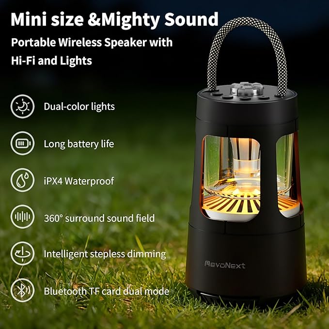 Revonext Camping Lantern Bluetooth Speaker, Outdoor Waterproof Wireless Speaker with Dual-Color Ambient Light, Bluetooth 5.3 Portable Speaker with TWS Stereo for Camping Hiking Patio Backyard