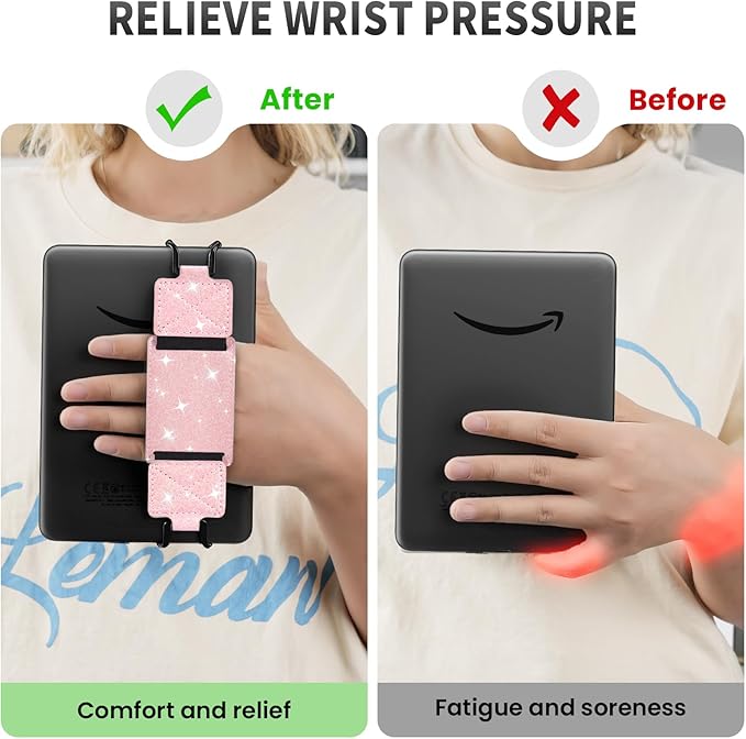 MoKo 2 Pack Security Hand Strap for 6-8" Kindle eReaders Fire Tablet-Kindle/Kobo/Voyaga/Lenovo/Sony E-Book Tablet,High-Elasticity Versatile Hand Strap Lightweight Finger Grip Holder, Shiny Pink White