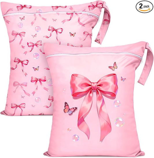 2 Pcs Large Travel Laundry Bags Waterproof Wet Dry Bag, Washable Dirty Clothes Bags for Travel，Drawstring, Bathing Suit, Workout, Gym Clothes Laundry, Swimming Pool & College Dorm, Pink Butterfly Bow