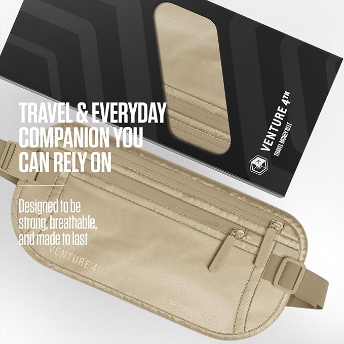 VENTURE 4TH Money Belt for Travel – Slim Hidden Under-Clothes RFID Blocking Anti-Theft Passport Holder & Travel Wallet Pouch for Men & Women to Protect Cash, Cards & Documents (Sleek Beige)