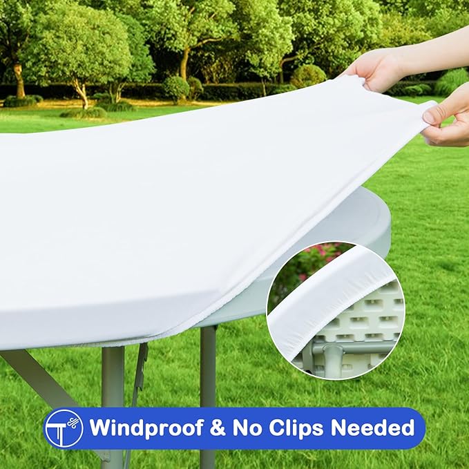 Wolkemer 2 Pack 5 Foot White Fitted Tablecloth 60 Inch Round Elastic Edges Table Cloth, Spandex Stretch Table Cover with Machine Washable Fabric for Wedding Party Picnic Dining Indoor Outdoor