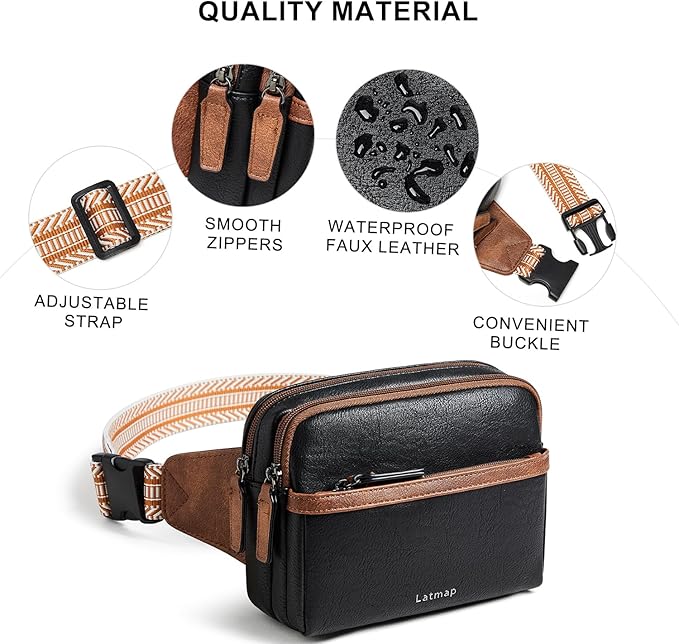 LATMAP 3L Fanny Packs Belt Bag for Women Small Everywhere Crossbody Bag Waist Packs Faux Leather Sling Chest Travel Purse