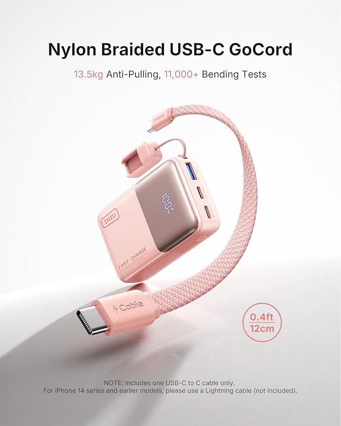 INIU Portable Charger, Ultra Mini 10000mAh 45W Fast Charging Power Bank, USB C Battery Pack with Cable, Flight-Safe Travel Powerbank for Women Girls Cute Nano Compact Sleek, Light Pink