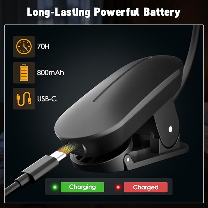 Book Light for Reading in Bed - 14 LEDs Rechargeable Clip-On Book Light, Eye Caring 3 Color Temperatures & Stepless Dimming, 80 Hrs Runtime Lightweight Book Reading Light for Book Lovers (Black)