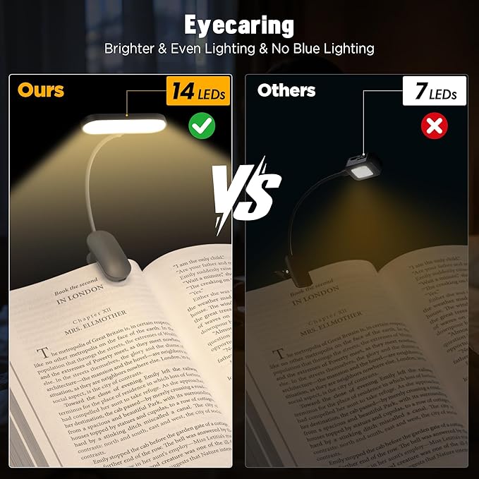 Book Light for Reading in Bed - 14 LEDs Rechargeable Clip-On Book Light, Eye Caring 3 Color Temperatures & Stepless Dimming, 80 Hrs Runtime Lightweight Book Reading Light for Book Lovers (Black)