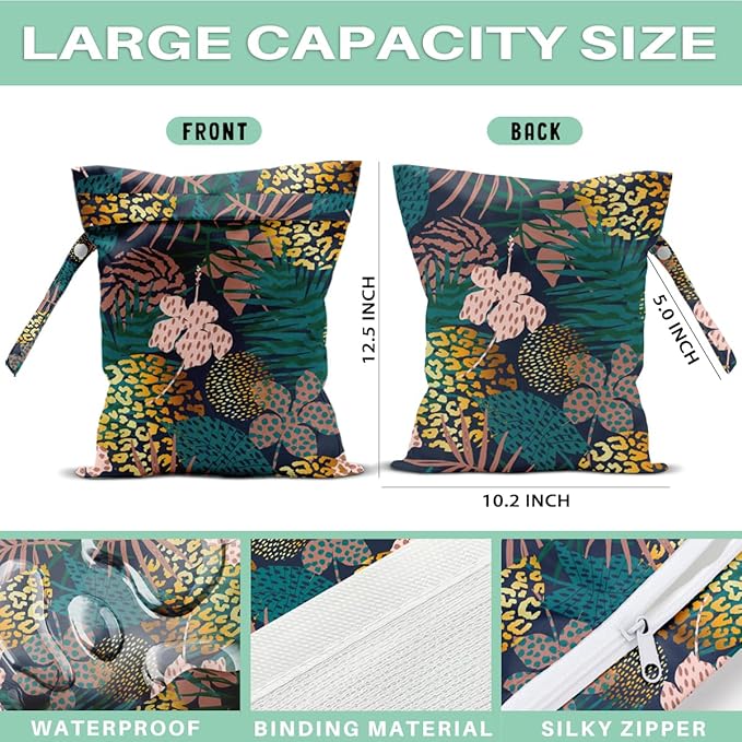 Palm Leaves Wet Bag Green Summer Waterproof Travel Laundry Bags, Washable Reusable Wet Dry Bag for Swimsuit Beach Diapers Dirty Yoga Gym Clothes, Plant Gifts for Women Friend