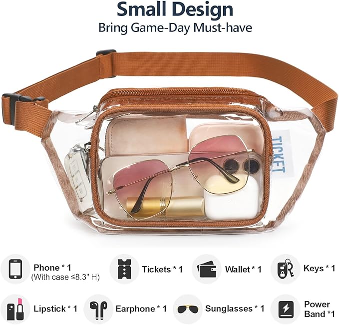 Veckle Clear Fanny Pack Stadium Approved - Adjustable 33-47 Inch Strap, Transparent Belt Bag for Women Men Fits 7.5-inch Smartphone, Waist Bag Clear Bag for Stadium Events, Sport, Concerts, Brown