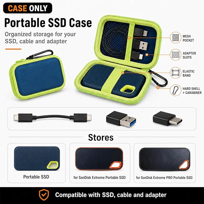 SSD Case for SanDisk Extreme Portable SSD & Extreme PRO, Hard Shell Protective Storage Bag with Carabiner, Fits 1TB 2TB 4TB 8TB External Solid State Drive for Business Travel (Green)